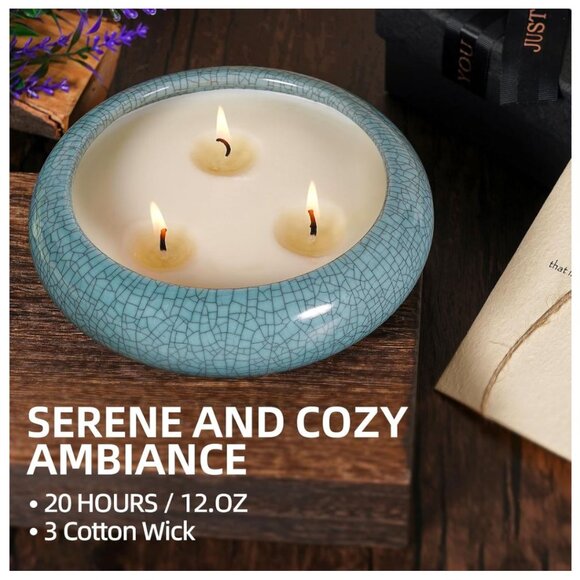 (NWT) FREEJAC Natural Soy 3 Wick Candle Ceramic "Crackle Bowl" - 12 Ounce - Picture 4 of 4